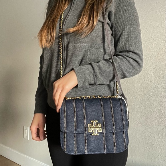 New, Tory Burch Britten denim small adjustable shoulder bag navy - Picture 12 of 14